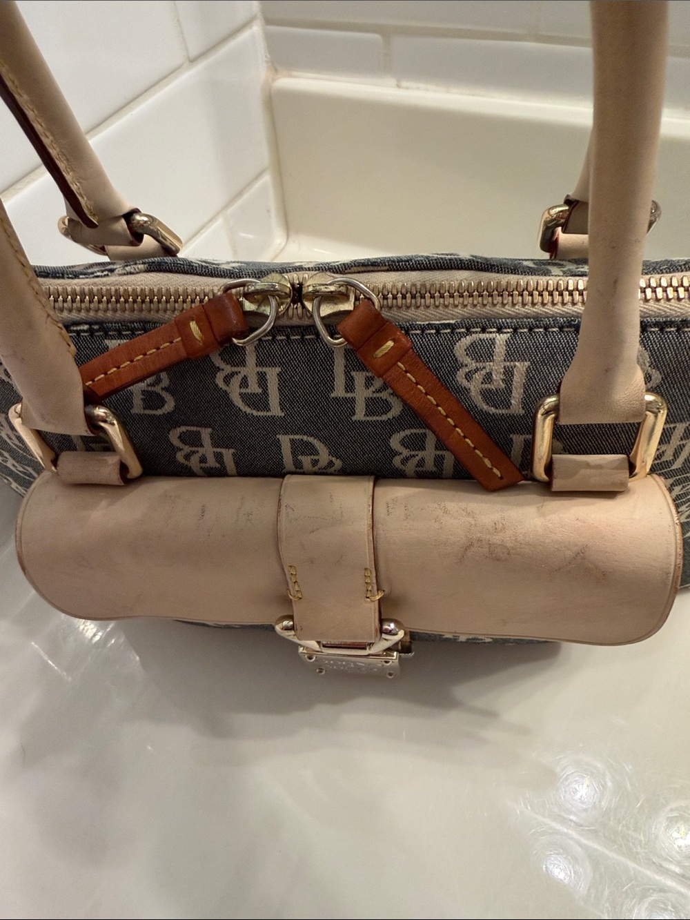 Dooney & Bourke Monogram Satchel in Brown and Cream - Picture 6 of 11